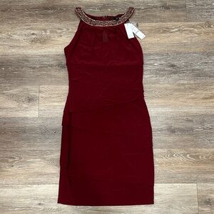 NWT! White House Black Market Burgundy Halter Dress with Embellished Neckline
